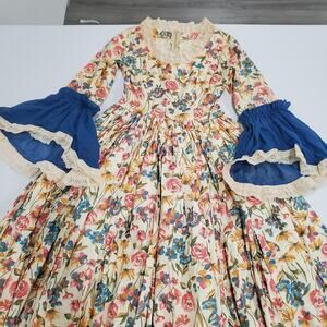 Vintage Floral Prairie Maxi Dress Small Medieval Full Skirt Bell Sleeves Cream